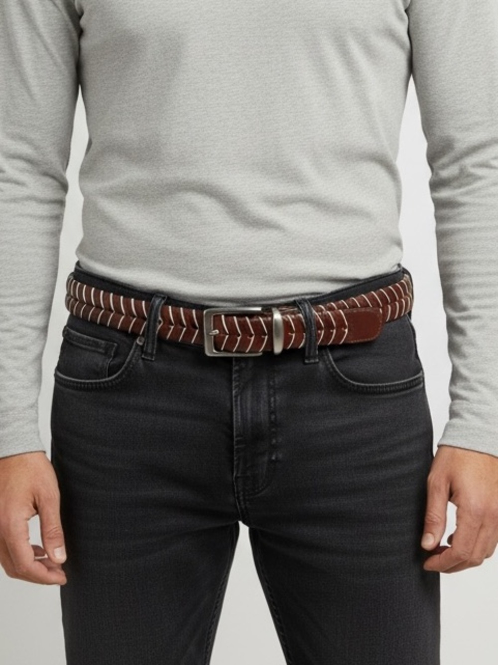 TOMMY BAHAMA Men's Brown Braided Leather Belt Solid Brass Buckle Size 44